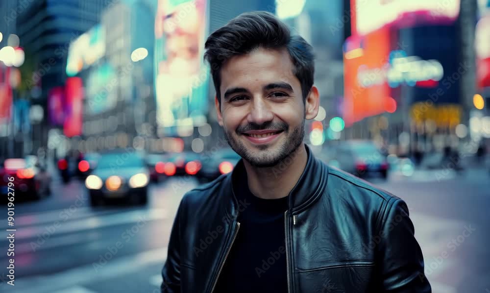 Poster Handsome young man in New York City, wearing a leather jacket.