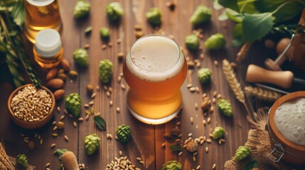 Rustic Vintage Brewery Setup with Spicy Craft Beer and Brewing Ingredients under Sunlight