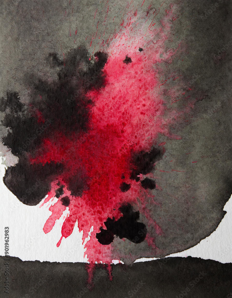 Poster dynamic abstract watercolor. bold red and black ink splatters on textured white canvas. vertical ban
