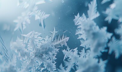 Obraz premium Macro photograph of frost patterns on windowpane, highlighting natural ice formations and crystalline textures