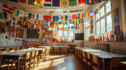A classroom decorated with flags from around the world, students sharing cultural stories, a teacher facilitating, left third copy space. Harmony, Joy, Love