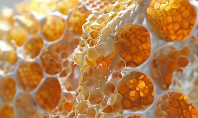 Magnified section of a honeycomb, highlighting the geometric precision of the hexagonal cells