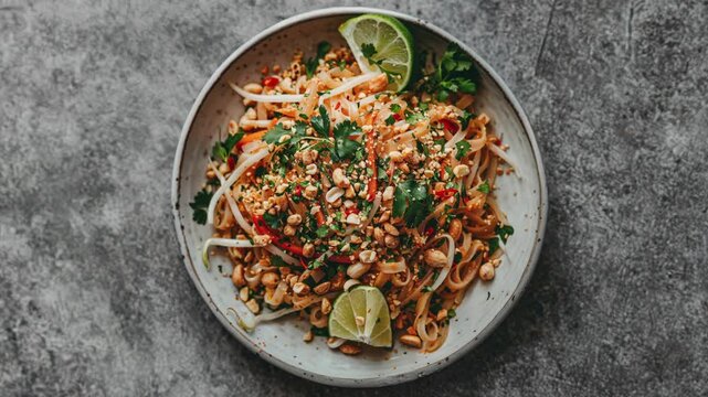Delicious Pad Thai With Lime and Peanuts in a Bowl