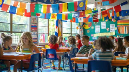 A classroom decorated with flags from around the world, students sharing cultural stories, a teacher facilitating, left third copy space. Harmony, Joy, Love