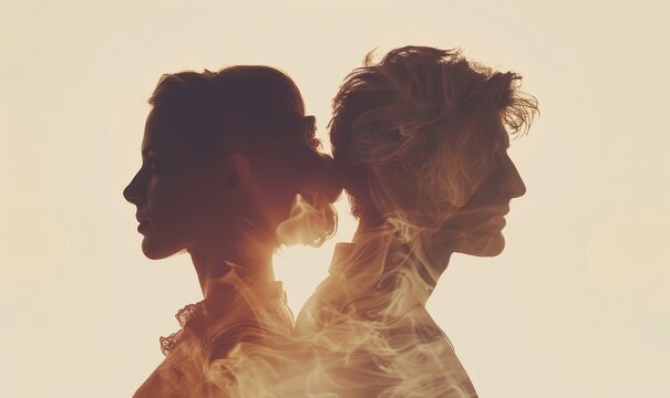 man and woman, silhouettes, back to back, double exposition