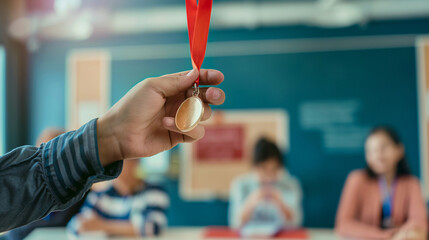A teacher awarding certificates or medals to students, celebrating their achievements, left third copy space. Joy, Care, Responsibility
