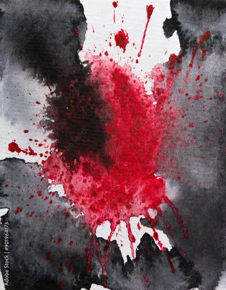 Poster dynamic abstract watercolor. bold red and black ink splatters on textured white canvas. vertical ban