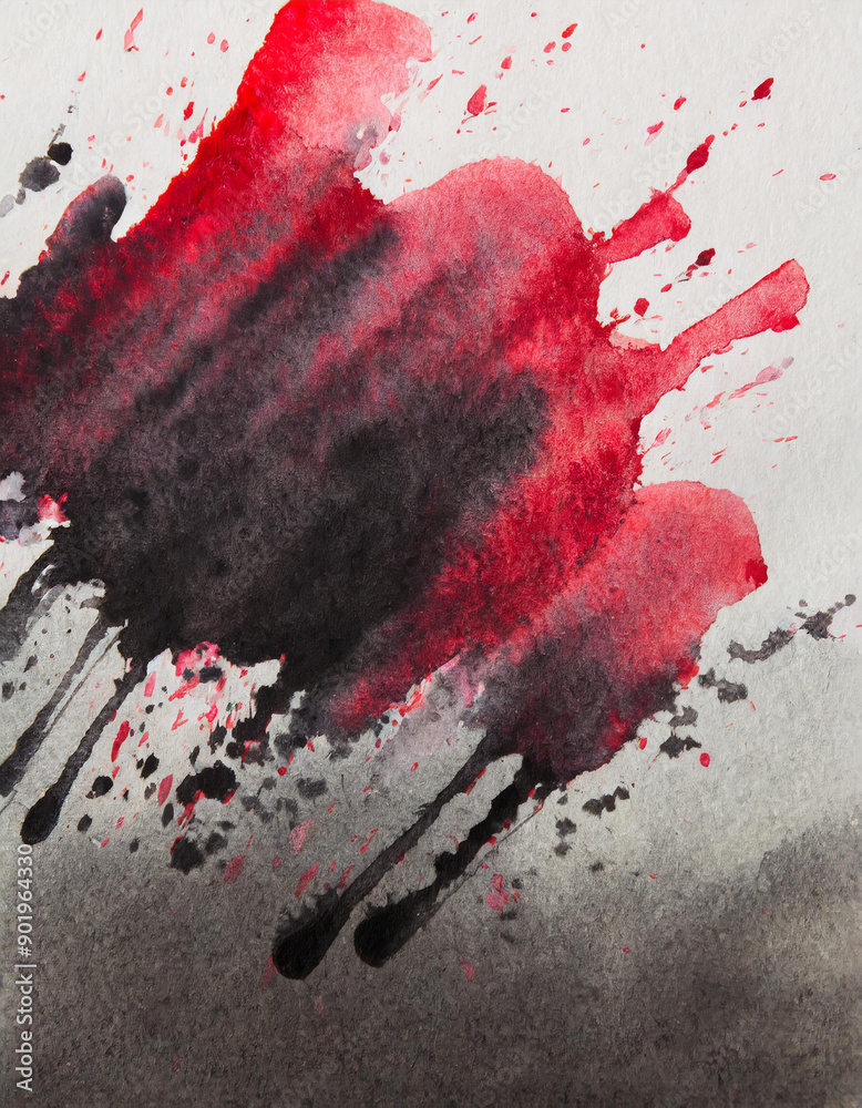 Poster dynamic abstract watercolor. bold red and black ink splatters on textured white canvas. vertical ban