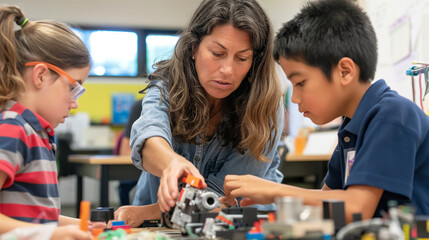 A teacher guiding students through hands-on STEM activities, building and experimenting, upper third copy space. Responsibility, Creation, Joy