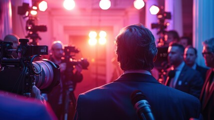 Politician giving speech during press conference at night