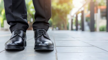 Naklejka premium A person in sleek black dress shoes is carefully stepping down a series of stone steps in a contemporary urban setting