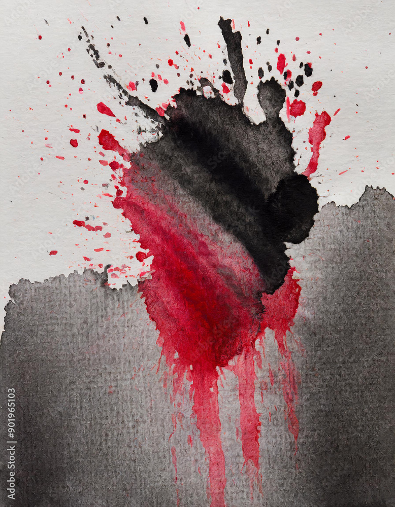 Aufkleber dynamic abstract watercolor. bold red and black ink splatters on textured white canvas. vertical ban