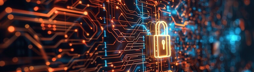 Padlock over glowing electronic circuit background, cybersecurity concept. Free copy space for banner.
