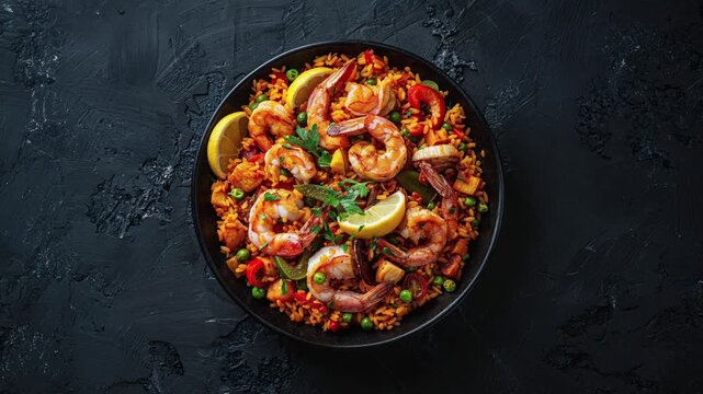 Delicious Shrimp Paella With Fresh Vegetables And Lemon Slices