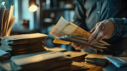 Postal worker sorting through stack of envelopes at night