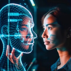 Young Woman Engaged in Futuristic Technology Interaction With Holographic Human Figure in a Dark Room