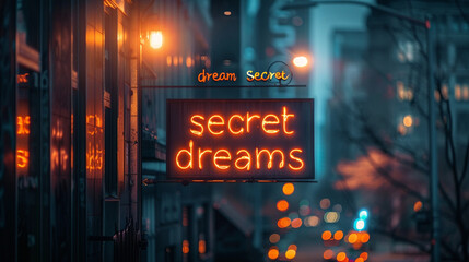 text dream secret dreams sign on the street in luminous neon font