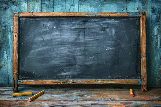 Empty chalkboard on wooden table, cartoon illustration