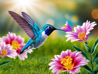 Fototapeta premium In_perfect__ultra-realistic_composition__create_a_beautiful_image_of_a_blue_gradient_hummingbird_taking_nectar_from_a_flower_in_a_beautiful_grassy_garden...(3).