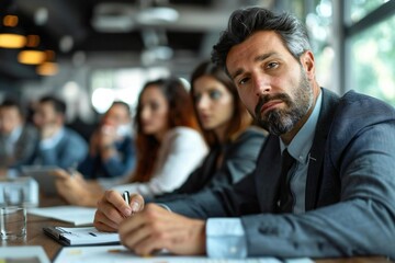 Businessman addressing sales targets to unengaged and drowsy team members during meeting