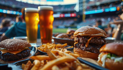 Crowded baseball stadium serves up fan-favorite ballpark food like burgers, fries, and chicken with a festive game day vibe in the background
