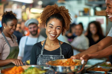 A volunteer is serving a plate of food to a person in line at a community food bank, with other people waiting patiently behind them
