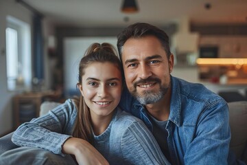 Fototapeta premium Couple enjoys new sofa purchased from furniture store.