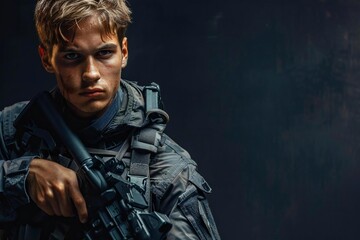 Fototapeta premium Black Background Portrait: Young Man Poses with Gun
