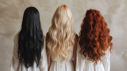 Three women showing long healthy hair from behind