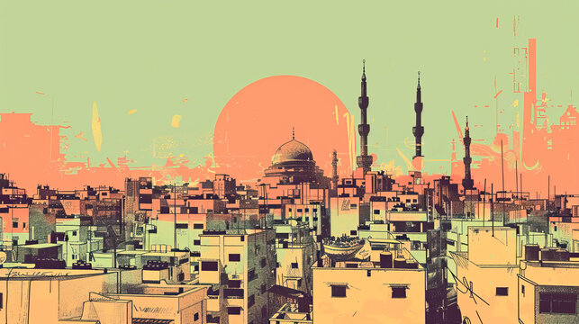 Risograph retro riso print travel poster, card, wallpaper or banner illustration, modern, isolated, clear, simple of Basra, Iraq