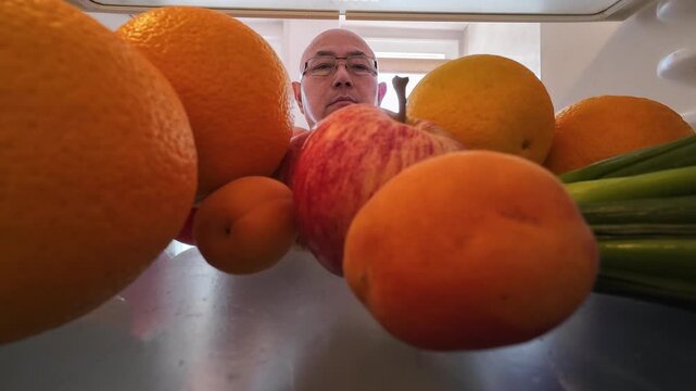 A elderly man opening the fridge and take out a selection of fruits for eating.