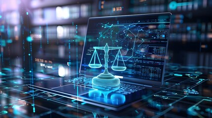 Digital scales of justice on a laptop with corporate trade license details and governance compliance information, supporting online legal and regulatory processes