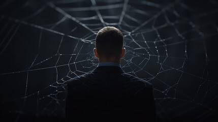 A silhouette of a man standing in front of a large spider web, evoking mystery and intrigue in a dark setting.