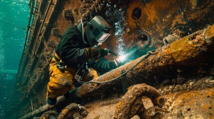 Underwater welding on rusted shipwreck by professional diver. Professional underwater