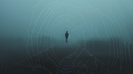 An enigmatic figure stands in a foggy landscape, surrounded by the intricate pattern of a spider web, evoking a sense of mystery.