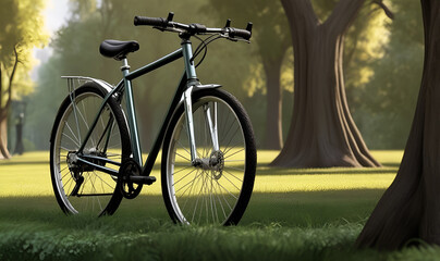Fototapeta premium A metal-framed bicycle in a sunny park with trees.