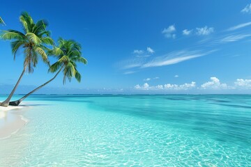 A beautiful day at the beach with stunning scenery, featuring clear blue skies, sparkling water, and pristine sand. Perfect for themes of relaxation, nature, and coastal beauty