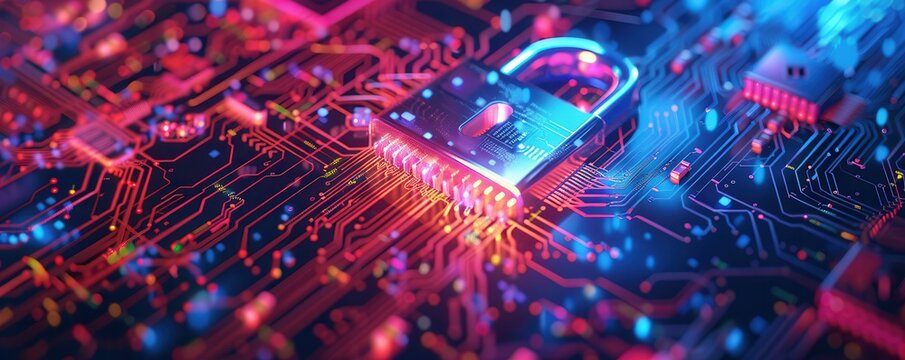 Padlock over glowing electronic circuit background, cybersecurity concept. Free copy space for banner.
