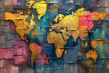 Gilded oil painted world map on square shapes abstract logistics background. Wallpaper cover...