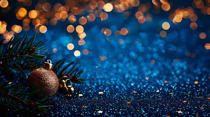 Obraz premium Blue holiday background with Christmas toys balls and shine glitter. New year design