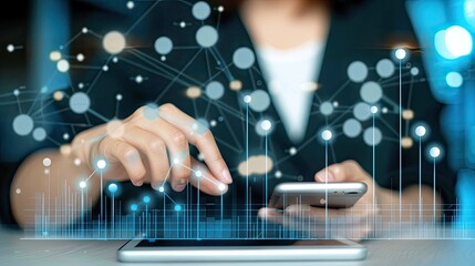 A business professional interacts with a smartphone while surrounded by digital data visualizations in a modern office setting