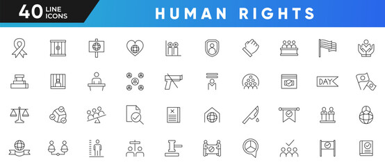 Human rights line icon set. Ordering, consciousness, regulation, social group, diversity, judge, communication, equality of rights, charity, and no war outline icon collection. UI thin icons pack