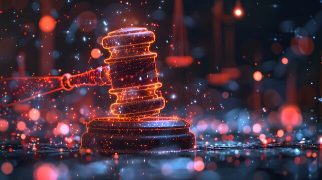 Virtual space with a judge's gavel hovering, highlighting the importance of enforcing cybersecurity laws and regulations in a tech-driven world