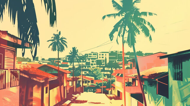 Risograph artistic riso print travel poster, card, wallpaper or banner illustration, modern, isolated, clear, simple of Gemena, Democratic Republic of the Congo