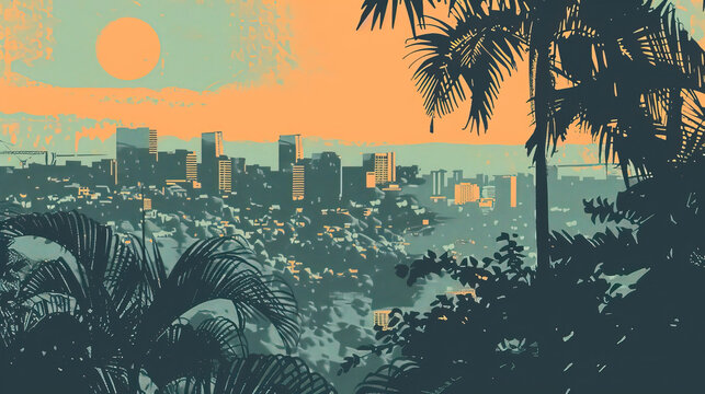 Risograph artistic riso print travel poster, card, wallpaper or banner illustration, modern, isolated, clear, simple of Gemena, Democratic Republic of the Congo