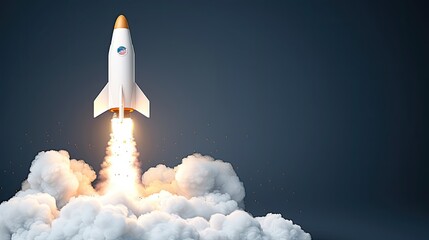 Naklejka premium A rocket ascends powerfully into the vast night sky, leaving a trail of fiery exhaust, surrounded by a stunning display of stars