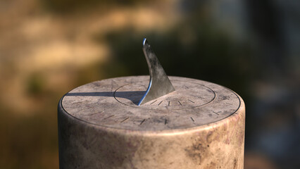 Closeup of sundial with gnomon at noon time, realistic 3d render