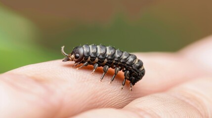 A small black and brown insect is on a person's finger