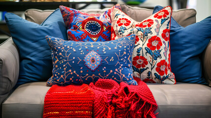 A photo captures a grey couch adorned with colorful cushions, adding a touch of elegance and color to the classic living space