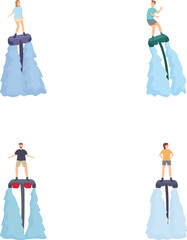 Four illustrations depicting individuals flying above the water on hydro jetpacks, isolated on white